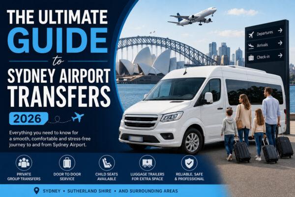 Sydney Airport transfer services featuring a white passenger shuttle, Sydney landmarks and family travel
