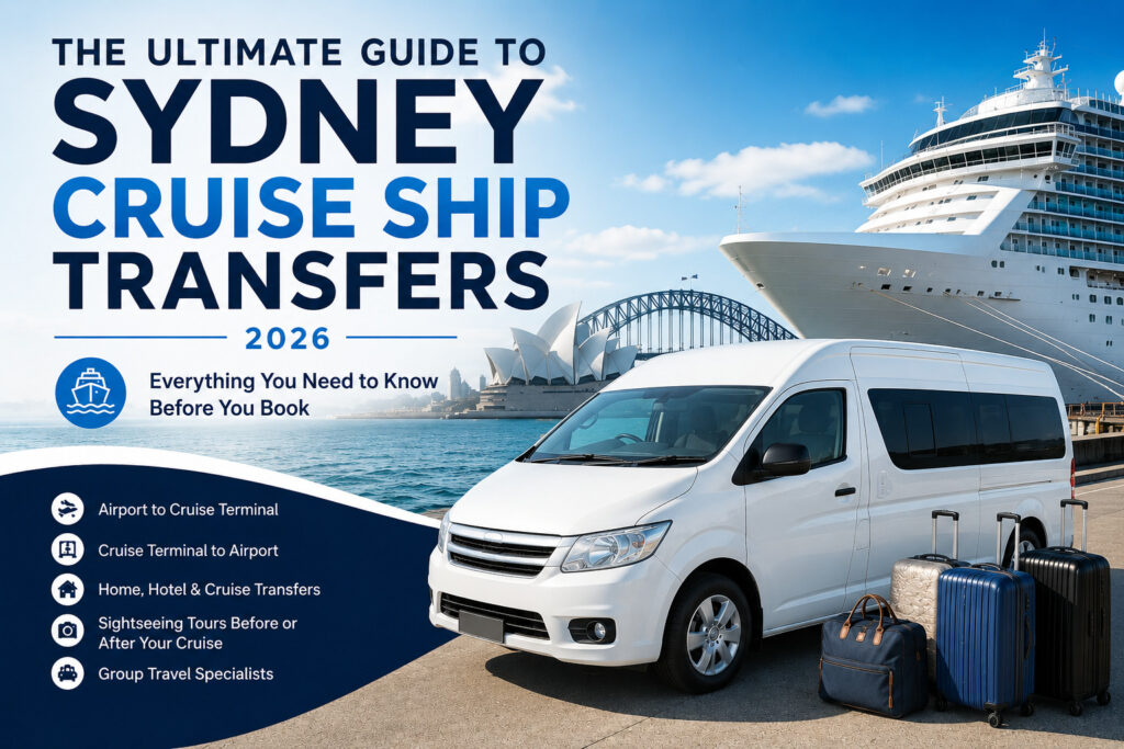 The image promotes private cruise terminal transfers, airport connections, hotel transfers, sightseeing tours and group transport in Sydney.