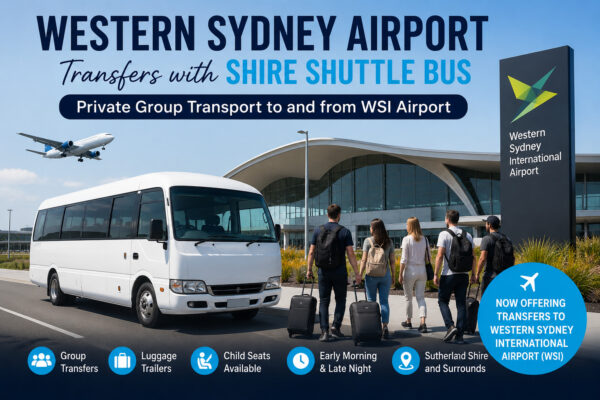 White Shire Shuttle Bus at Western Sydney International Airport with passengers and luggage, promoting private group airport transfers to and from WSI